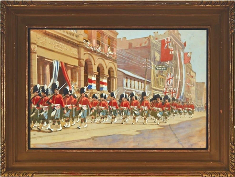 BIEHN, Joshua F.  [active 1879-1906]. [48th Highlanders, marching on King Street, Toronto in the Diamond Jubilee Day Parade, June 22nd, 1897]. Oil on paper.