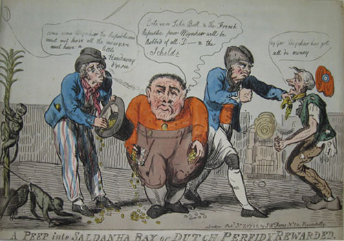 (CARICATURES). CRUIKSHANK, Isaac [1756?-1811?]. A Peep into Saldhana Bay or Dutch Perfidy Rewarded. ‘I.C.’ (lower left border). London Pubd. N[ov]7, 1796 by SW Fores N.50 Piccadilly.