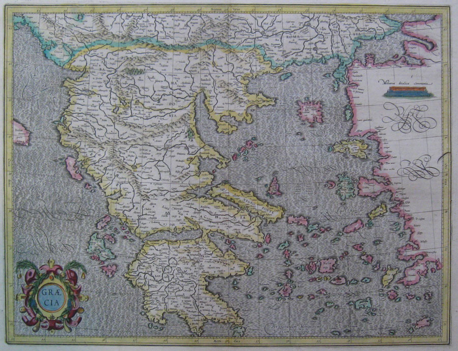 original colour (three small worm holes to engraved surface – no loss of lettering & few to upper margin, faint transfer of colour near upper border). Second State. “…[U]nder the influence of Witsen’s original map, the small islands were replaced by a promontory projecting north-east from the Arctic circle and named “Scopuli incerti exitus”. Homann’s map shows Russia, the Ukraine, Siberia, Novaya Zemyla (with a partially open southern coast), parts of Livonia, Lithuania, China, India &c. The map includes a decorative cartouche and vignettes of sailing ships, boats and sea monsters. Bagrow, A History Of Russian Cartography Up To 1800, p. 78. National Maritime Museum III 460.