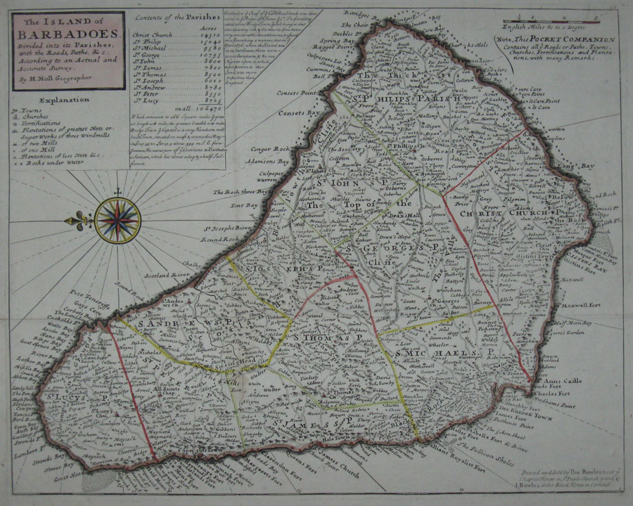 (BARBADOS). MOLL, Herman [fl. 1678-1732]. The island of Barbadoes Divided into its Parishes with the Roads, Paths &c. &c… By H. Moll Geographer. Printed and sold by Tho: Bowles next ye Chapter House in St. Pauls Church yard & J. Bowles… [London: 1732].